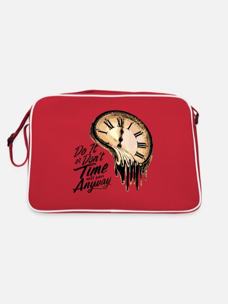 Zeitloses Motivationszitat mit schmelzenden Uhren - Retro Tasche - Rot/Weiß - Hinten