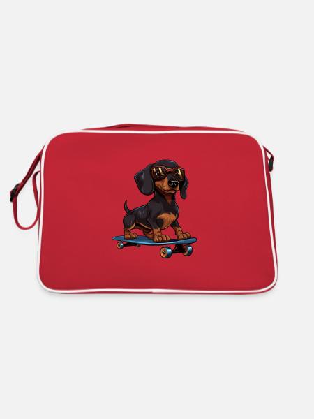 Dachshund skateboard dog, Weenie Dog - Retro Tasche - Rot/Weiß - Hinten
