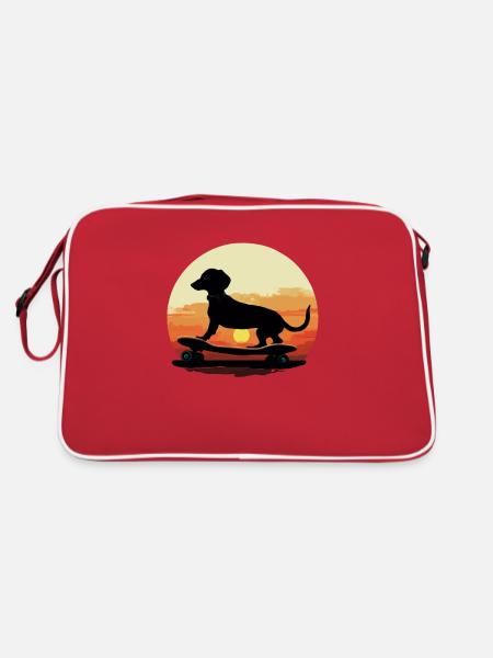 Dachshund skateboard dog, Weenie Dog - Retro Tasche - Rot/Weiß - Hinten
