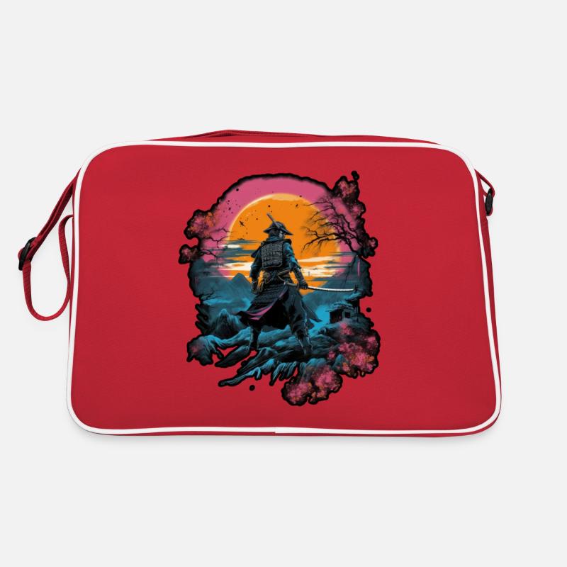 Chinese Warrior emerging from sunset, vector Sac Retro