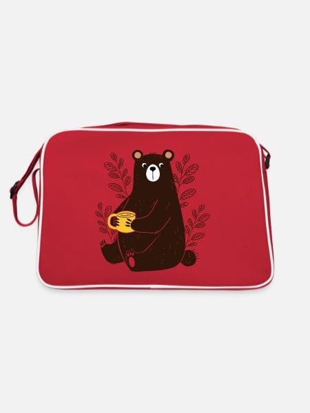 Cute Funny Bear with Tea Coffee Cup Cartoon - Retro Bag - red/white - Back