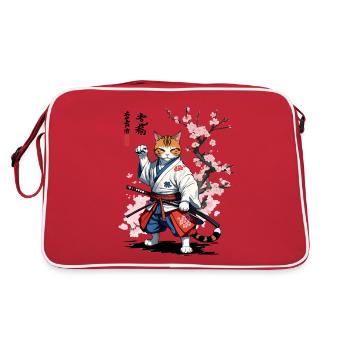 Samurai Katze Ukiyo-E Streetwear Design - Retro Tasche - Rot/Weiß - Hinten