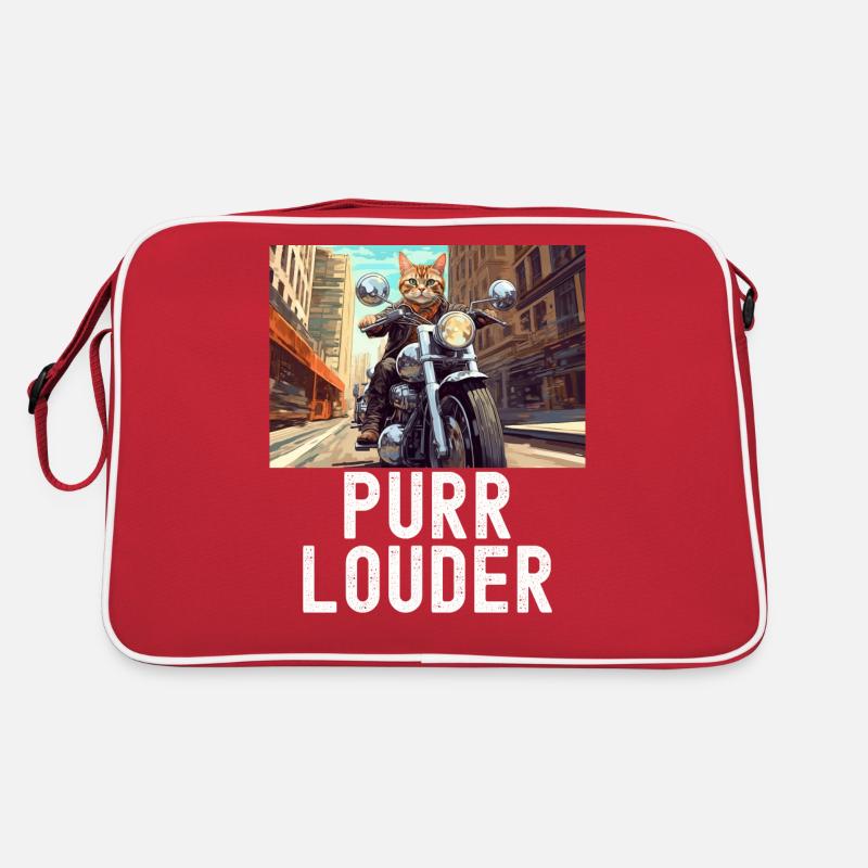 Purr Louder : Tabby Cat on a Motorcycle - Retro Bag - red/white