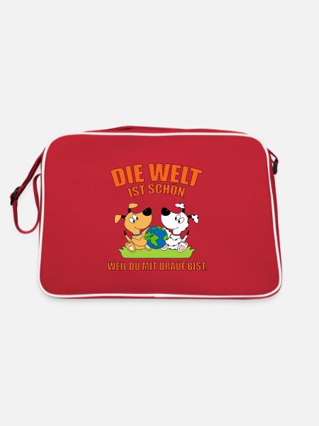 DIE WELT IST SCHÖN, WEIL DU MIT DRAUF BIST. HUNDE - Retro Tasche - Rot/Weiß - Hinten