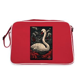 Woodcut of a swan on a lake - Retro Bag - red/white - Back