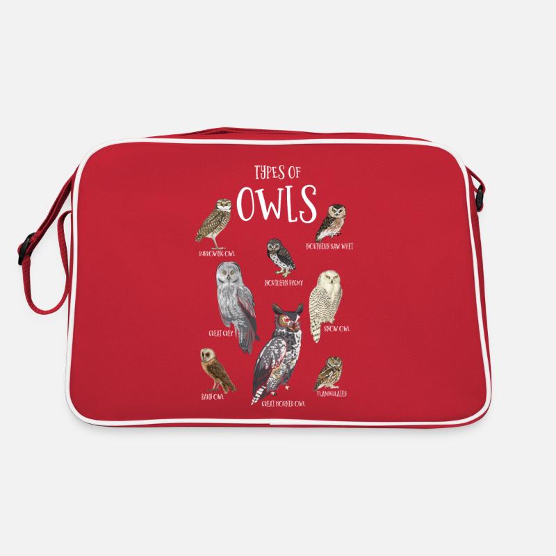 Eulen Typen, Owls, Barn Owl, Great Grey - Retro Tasche - Rot/Weiß