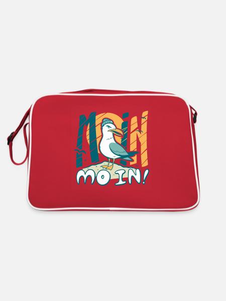 Moin Möwe in Mütze Ostsee und Nordsee Sprüche - Retro Tasche - Rot/Weiß - Hinten