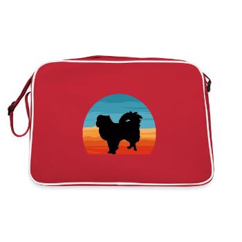 Japanisches Kinn Hundeliebhaber Silhouette Vintage Sonnenuntergang - Retro Tasche - Rot/Weiß - Hinten