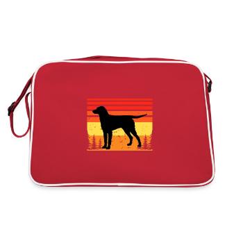 Curly Coated Retriever Hund Silhouette Retro Sonnenuntergang - Retro Tasche - Rot/Weiß - Hinten
