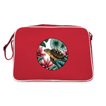 Schildkröte mit tropischen Pflanzen - Retro Tasche - Rot/Weiß - Hinten