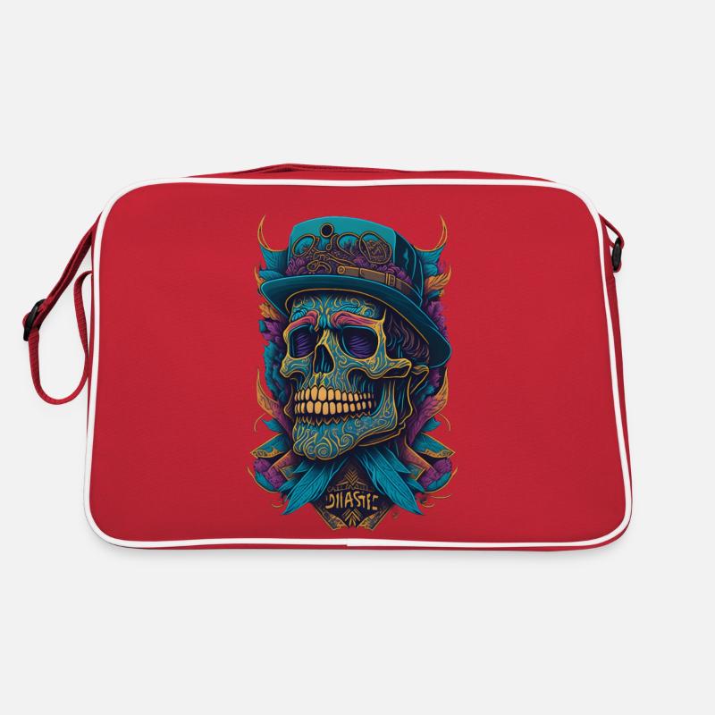 Squelette Crâne avec chapeau et fleurs Bande dessinée cool - Sac Retro - rouge/blanc