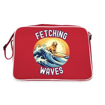 Fetching Waves : Retriever dog riding a surfboard - Retro Bag - red/white - Back
