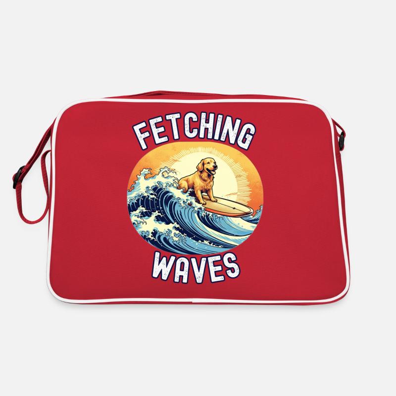 Fetching Waves : Retriever dog riding a surfboard Retro Bag