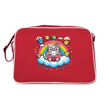 Cat reading a book on a cloud - Retro Bag - red/white - Back