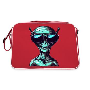 Cool Green Alien with Sunglasses - Retro Tasche - Rot/Weiß - Hinten