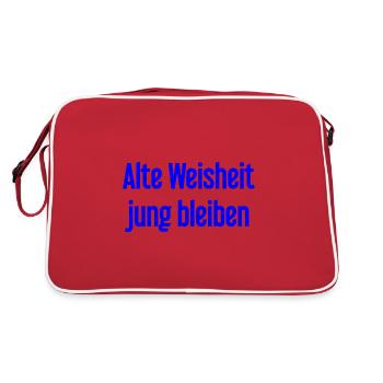Alte Weisheit, jung bleiben – Lebensfroher Spruch - Retro Tasche - Rot/Weiß - Hinten