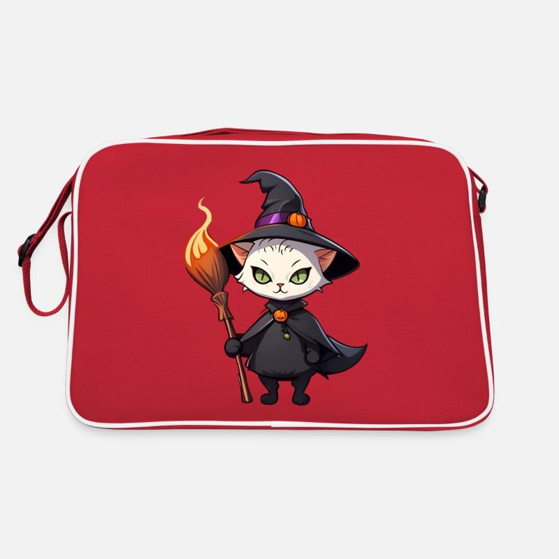 Mignon chat d’Halloween avec chapeau de sorcière. Sac Retro