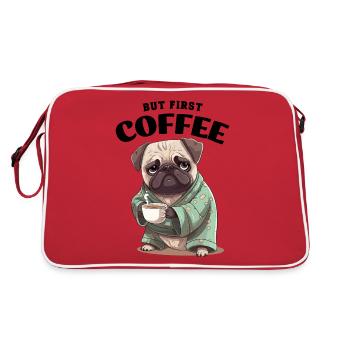 Kaffee Mops Hund But First Coffee Spruch Lustig - Retro Tasche - Rot/Weiß - Hinten
