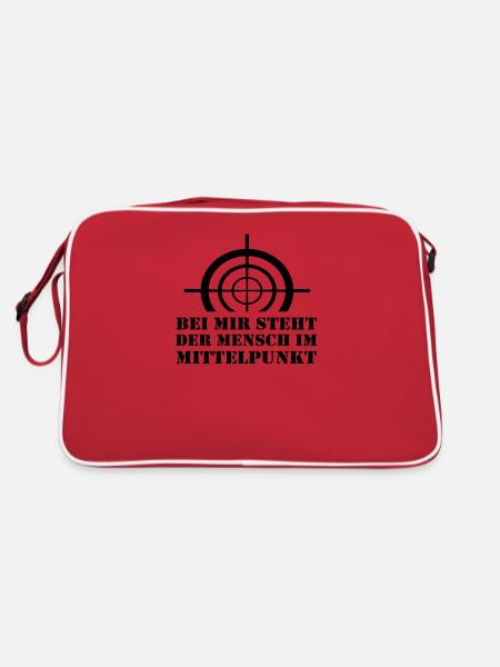 Bei mir steht der Mensch im Mittelpunkt Lustig - Retro Tasche - Rot/Weiß - Hinten