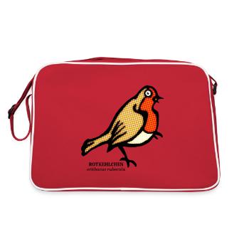 Rotkehlchen Erithacus rubecula Garten Vogel Party - Retro Tasche - Rot/Weiß - Hinten