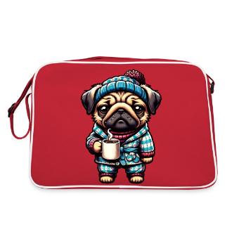 Mops in Pyjama und Schal mit einer Kaffeetasse - Retro Tasche - Rot/Weiß - Hinten