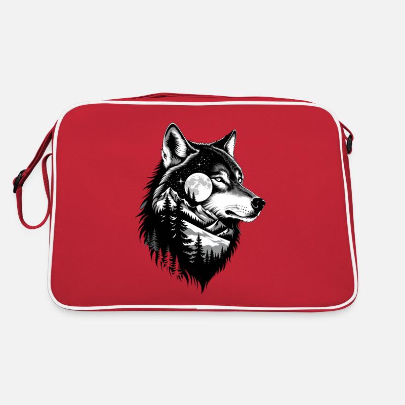 Schwarzer Wolf Wolfportrait. Wolfdesign Retro Tasche
