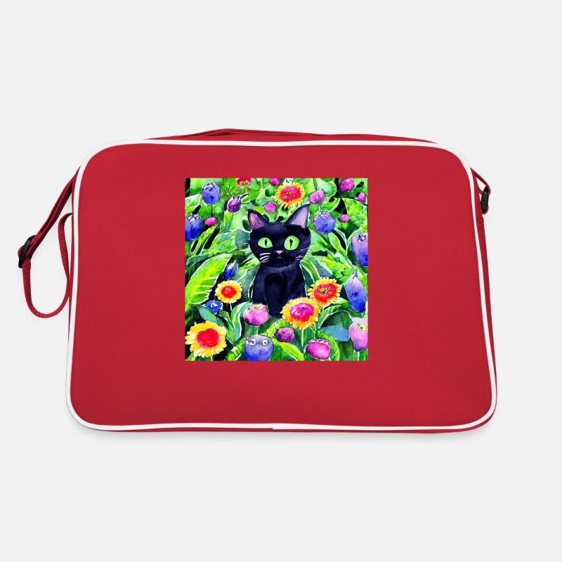 Chat noir assis dans un jardin de fleurs Sac Retro