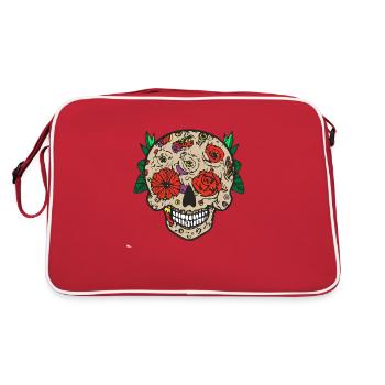 Blumiger Totenkopf - Retro Tasche - Rot/Weiß - Hinten