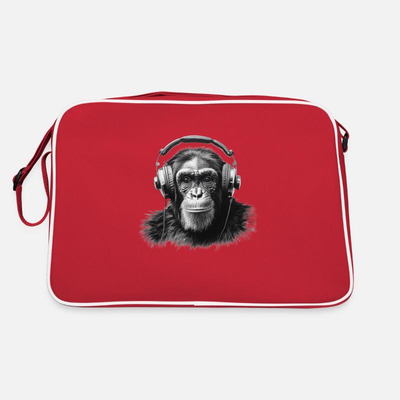 Schimpanse mit Kopfhörern - Retro Tasche - Rot/Weiß