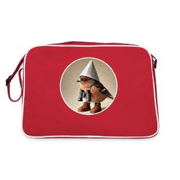 Buchfink mit Zeitungshut, Fernglas und Schuhe - Retro Tasche - Rot/Weiß - Hinten