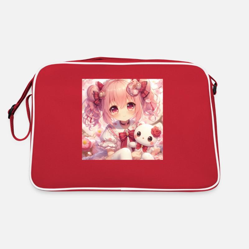 Kleines Mädchen mit ihrer japanischen Anime-Puppe Retro Tasche