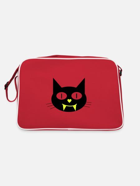 Halloween Vampir-Katze mit Eckzähnen - Retro Tasche - Rot/Weiß - Hinten