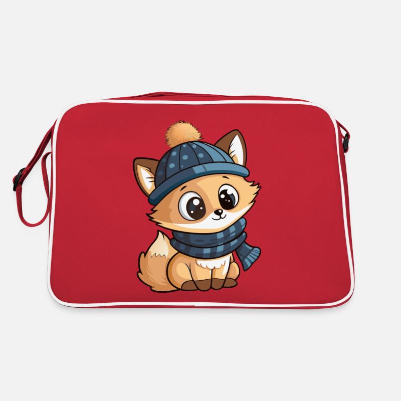 Renard mignon avec écharpe et chapeau à pompon. Sac Retro