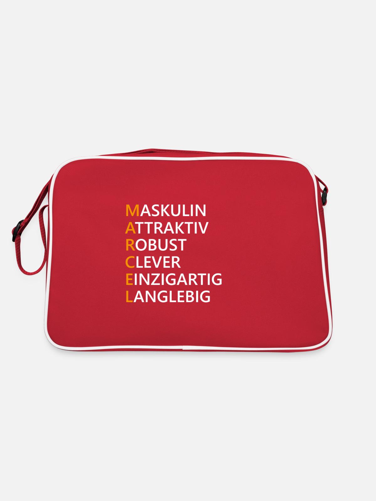 Marcel Name Geschenk - Retro Tasche - Rot/Weiß - Hinten