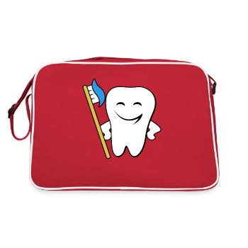 Lustiger Zahn putzt sich die Zähne mit Zahnbürste - Retro Tasche - Rot/Weiß - Hinten