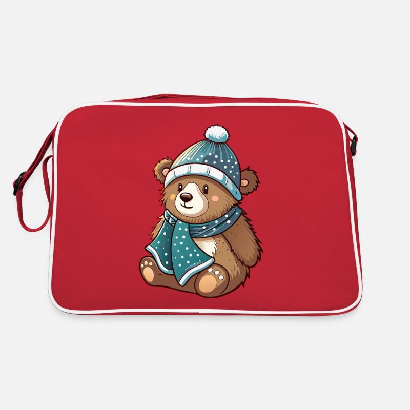 Ours mignon avec écharpe et chapeau à pompon. Sac Retro