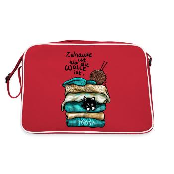 Zuhause ist, wo die Wolle ist - und die Katze - Retro Tasche - Rot/Weiß - Hinten