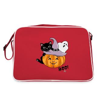 Smiling pumpkin with black cat and ghost - Retro Bag - red/white - Back
