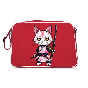 Samurai Katze & Kirschblüten #8 - Retro Tasche - Rot/Weiß - Hinten