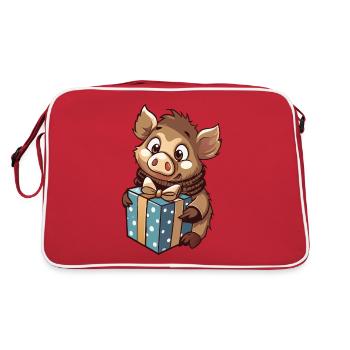 Cute wild boar with gift for Christmas - Retro Bag - red/white - Back