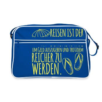 Reise Zitat: Geld ausgeben und reicher werden - Retro Tasche - Blau/Weiß - Vorne
