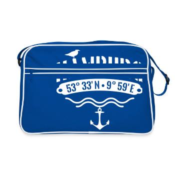 Hamburg Koordinaten Anker Möwe Längengrad - Retro Tasche - Blau/Weiß - Vorne