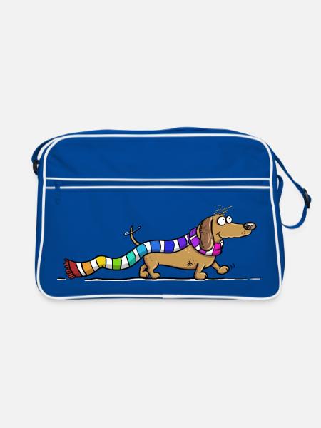 Dackel mit Regenbogen Schal Cartoon Dachshund Hund - Retro Tasche - Blau/Weiß
