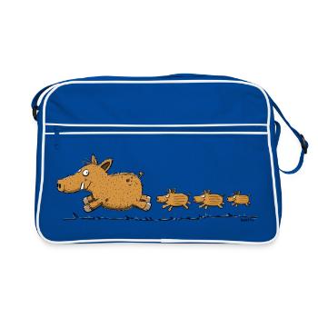 Wild boar with youngsters, whale, forest, hunter - Retro Bag - blue/white - Front