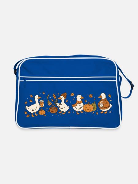 Herbstliche Gänse mit Kürbis und Dekoration - Retro Tasche - Blau/Weiß - Vorne