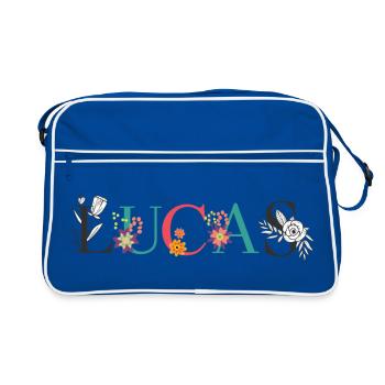 Art du nom LUCAS avec des fleurs brodées - Sac Retro - bleu/blanc - Devant