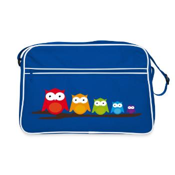 Famille de hiboux colorés assis ensemble sur la branche - Sac Retro - bleu/blanc - Devant