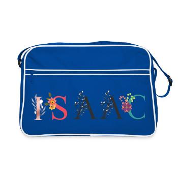 ISAAC Namenskunst mit gestickten Blumen - Retro Tasche - Blau/Weiß - Vorne