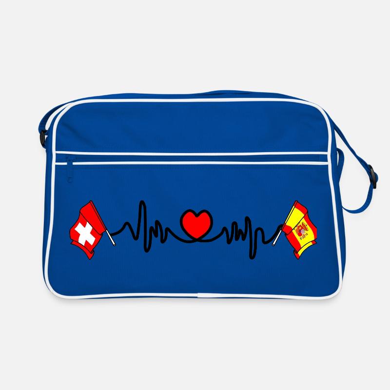 Cardioherz mit Flagge Schweiz, Flagge Spanien - Retro Tasche - Blau/Weiß