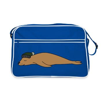 Cute Sleeping Seal Beanie Hat Simple Animal Sketch - Retro Bag - blue/white - Front
